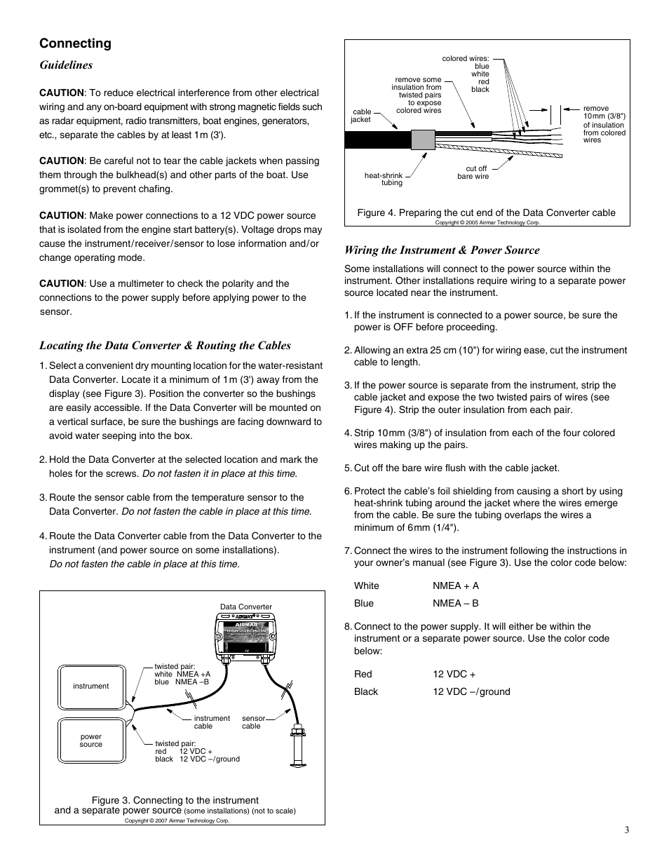 Connecting, Guidelines, Locating the data converter & routing the cables | Wiring the instrument & power source | Airmar T42 Temperature Sensor User Manual | Page 3 / 4