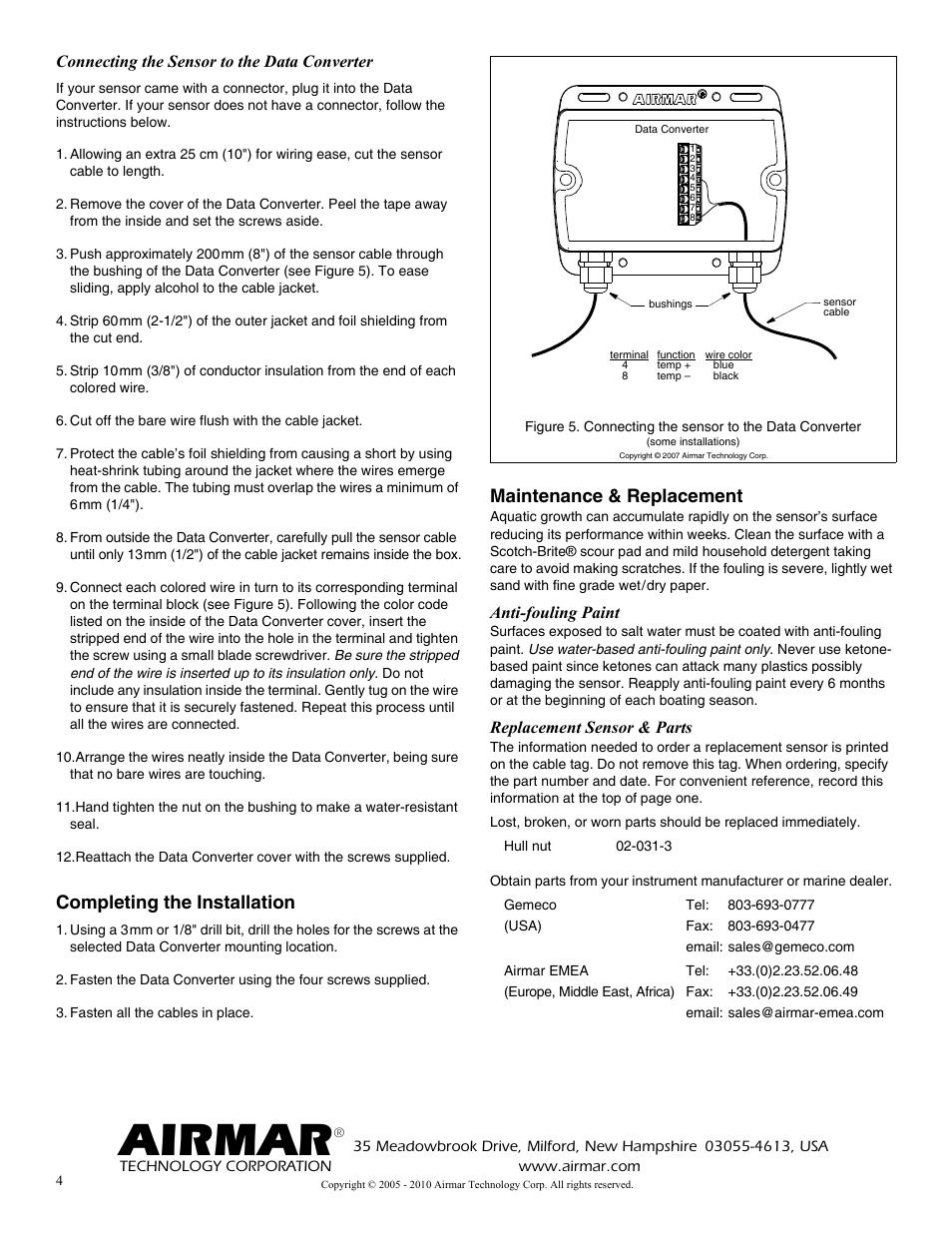 Airmar, Completing the installation, Maintenance & replacement | Connecting the sensor to the data converter, Anti-fouling paint, Replacement sensor & parts | Airmar T42 Temperature Sensor User Manual | Page 4 / 4