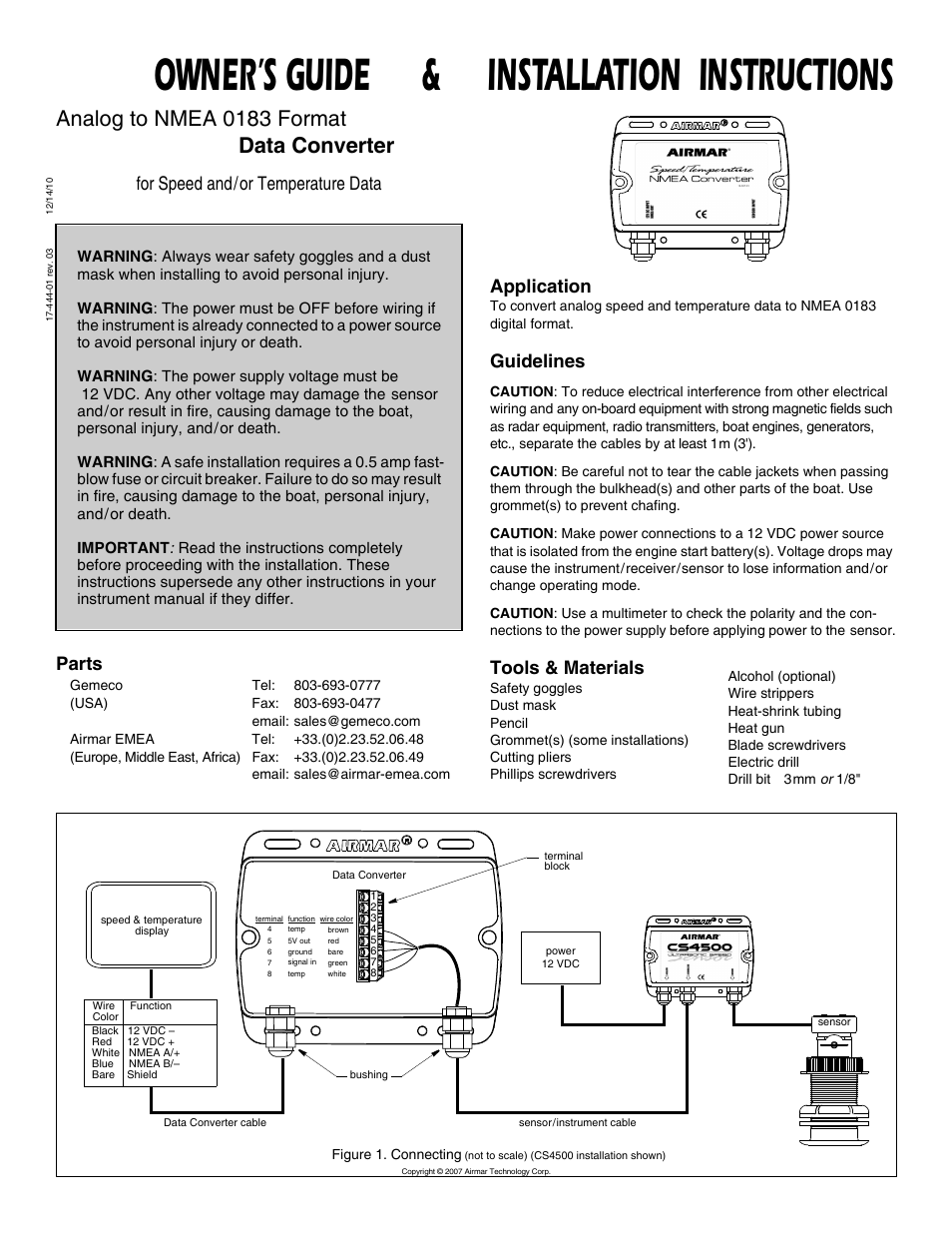 Airmar Analog to NMEA 0183 Speed & Temperature Data Converter User Manual | 2 pages