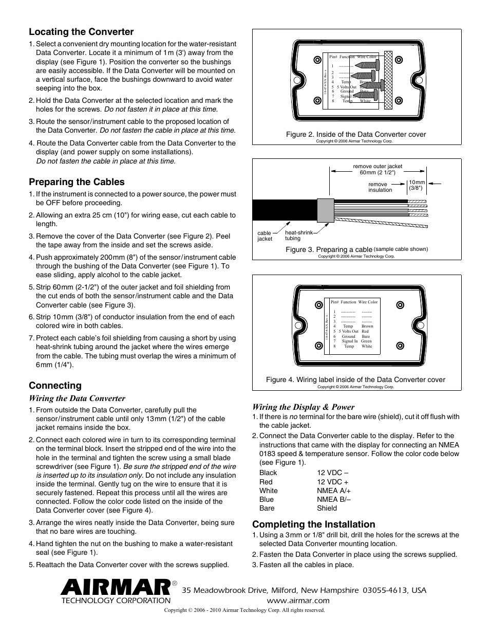 Airmar, Locating the converter, Preparing the cables | Connecting, Completing the installation, Wiring the data converter, Wiring the display & power | Airmar Analog to NMEA 0183 Speed & Temperature Data Converter User Manual | Page 2 / 2