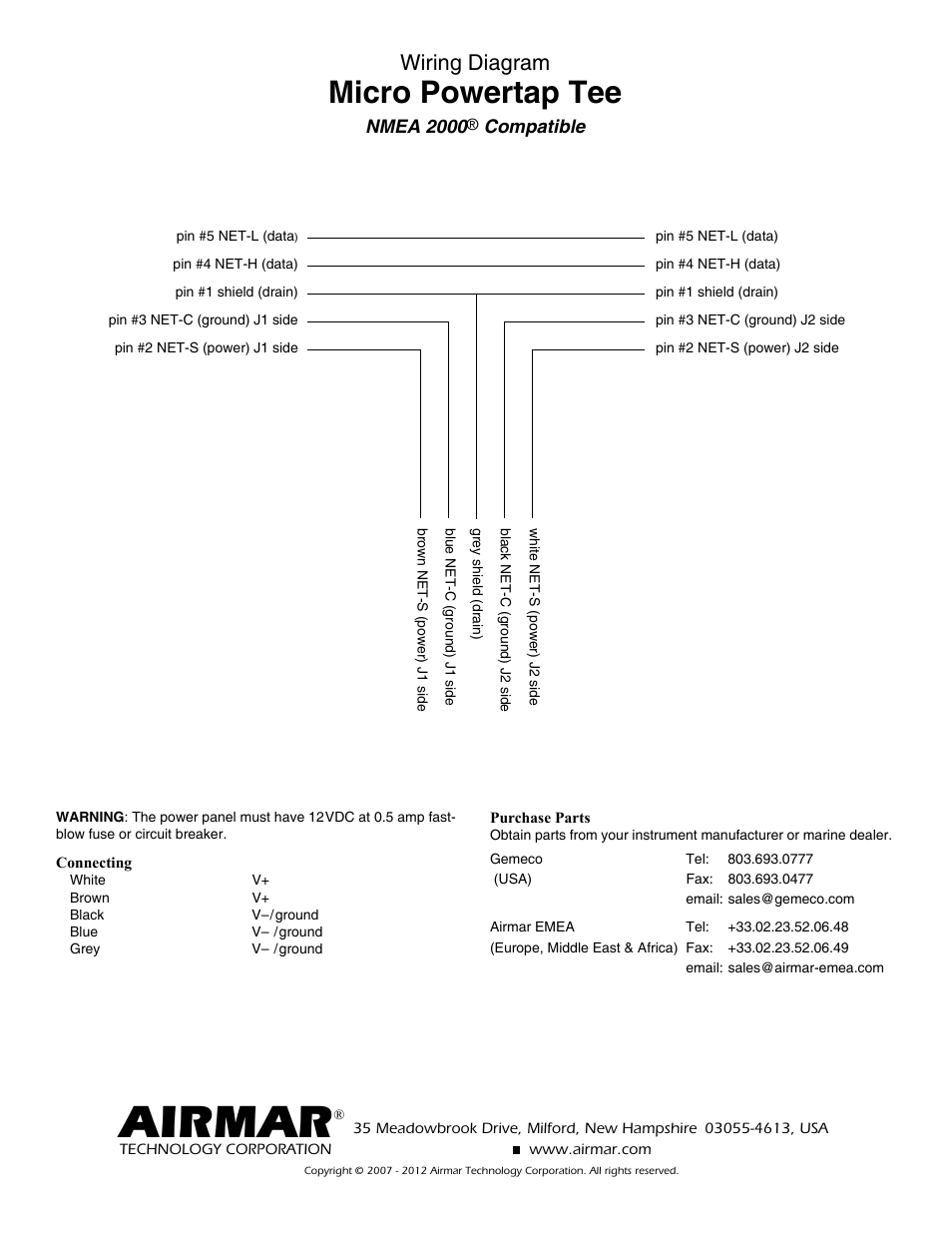 Airmar, Micro powertap tee, Wiring diagram | Airmar Power Tee and Field Attachable Connector—NMEA 2000® User Manual | Page 2 / 2
