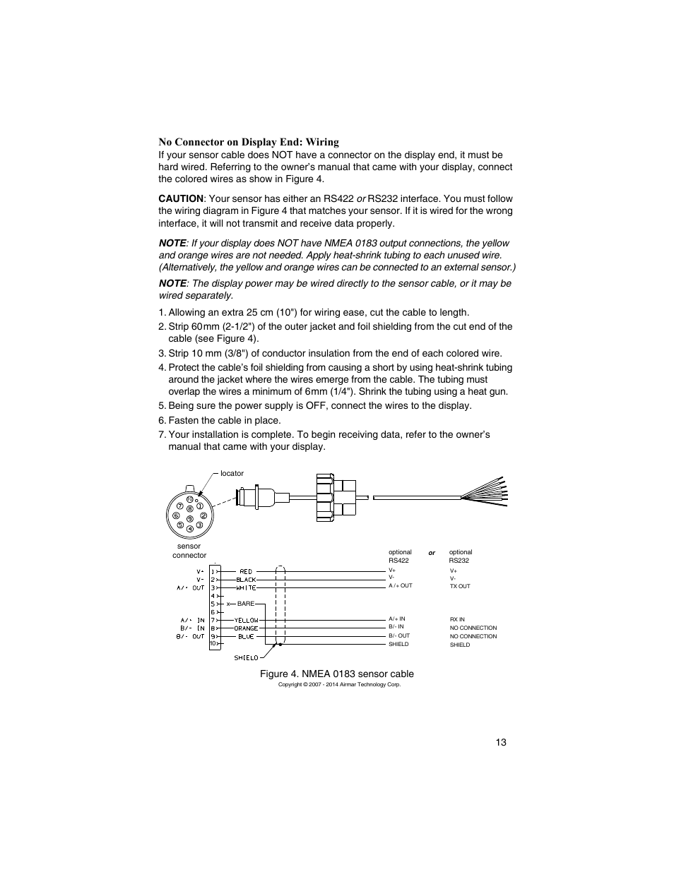 No connector on display end: wiring | Airmar G2183 GPS User Manual | Page 13 / 16