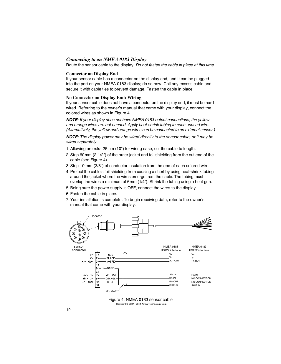 Connecting to an nmea 0183 display, Connector on display end, No connector on display end: wiring | Airmar GH2183, GPS & Heading Sensor User Manual | Page 12 / 16