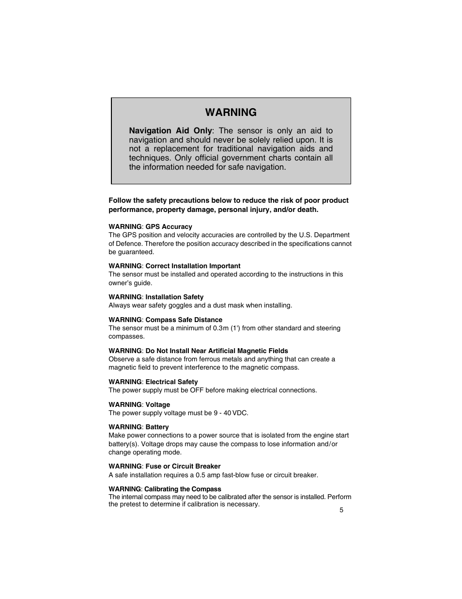 Warning | Airmar GH2183, GPS & Heading Sensor User Manual | Page 5 / 16