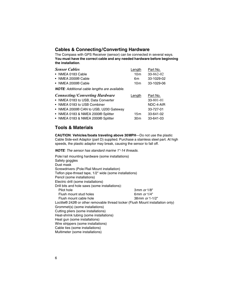 Cables & connecting/converting hardware, Tools & materials | Airmar GH2183, GPS & Heading Sensor User Manual | Page 6 / 16
