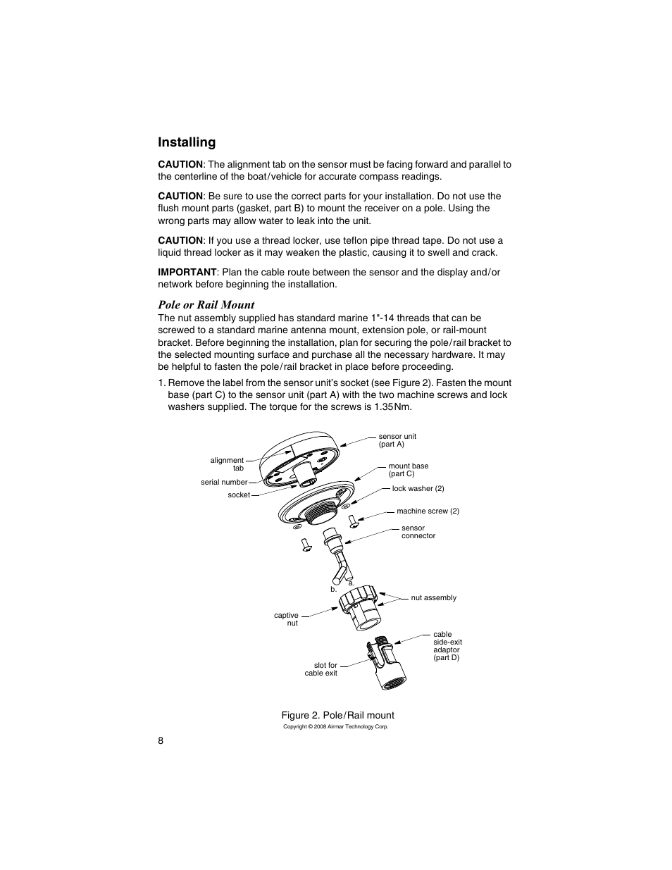 Installing, Pole or rail mount | Airmar GH2183, GPS & Heading Sensor User Manual | Page 8 / 16