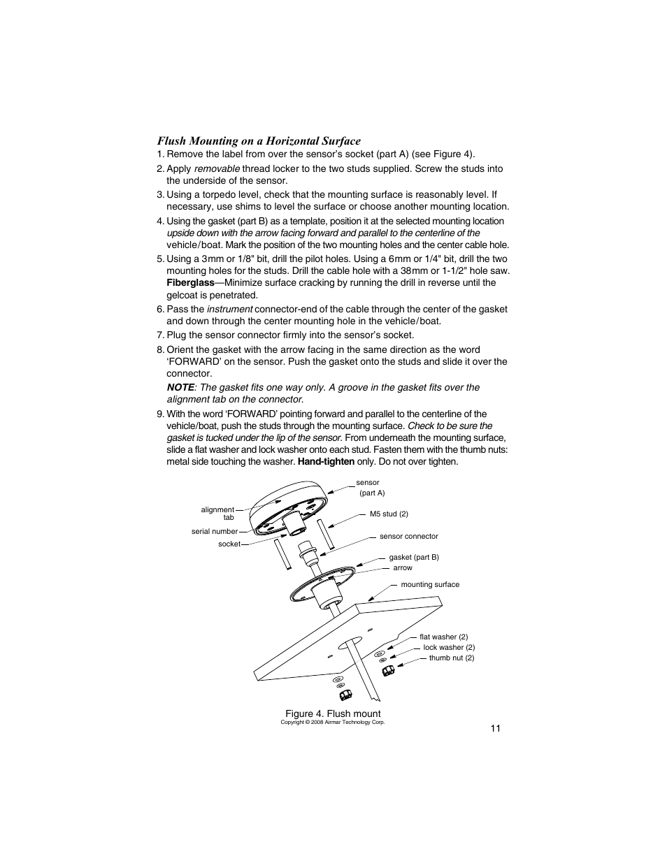 Flush mounting on a horizontal surface | Airmar H2183—Heading Sensor User Manual | Page 11 / 16