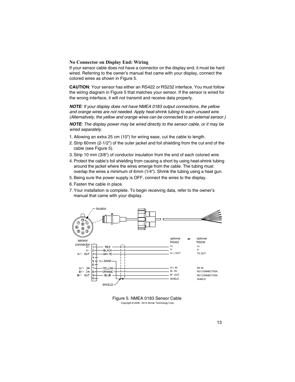 No connector on display end: wiring | Airmar H2183—Heading Sensor User Manual | Page 13 / 16