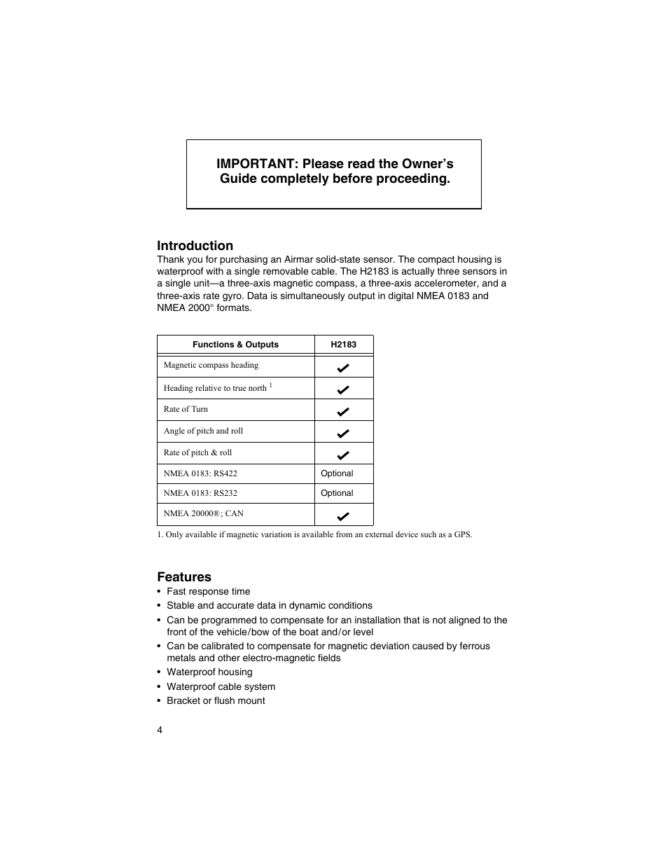 Introduction, Features | Airmar H2183—Heading Sensor User Manual | Page 4 / 16