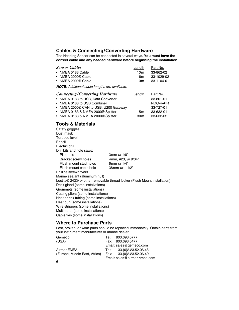 Cables & connecting/converting hardware, Tools & materials, Where to purchase parts | Airmar H2183—Heading Sensor User Manual | Page 6 / 16