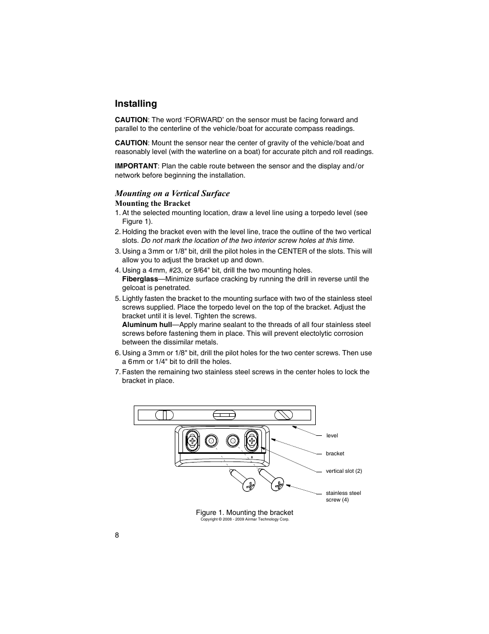 Installing, Mounting on a vertical surface | Airmar H2183—Heading Sensor User Manual | Page 8 / 16