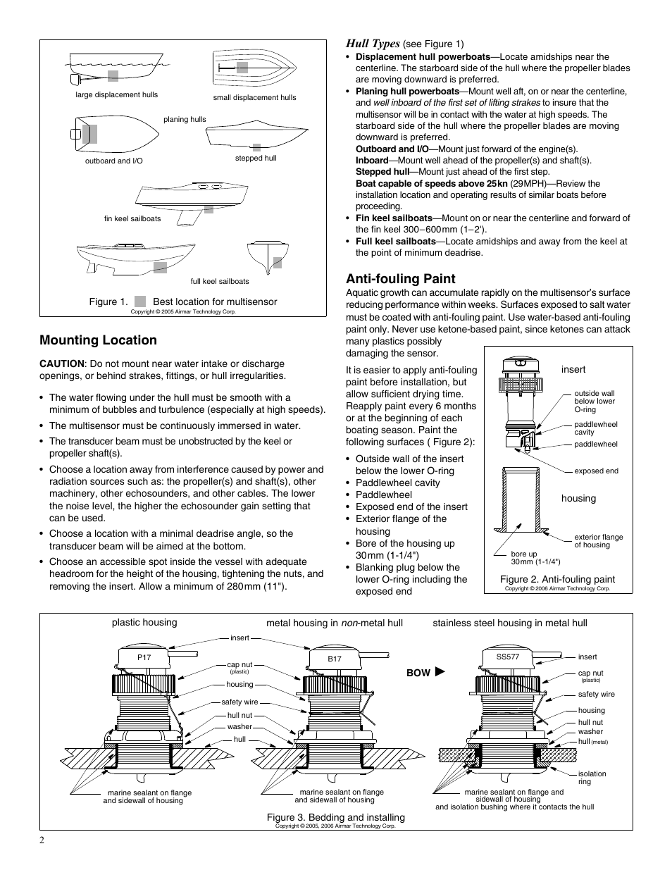 Mounting location, Anti-fouling paint, Hull types | Airmar DST800 Retractable without Valve—TRIDUCER® Multisensor User Manual | Page 2 / 4