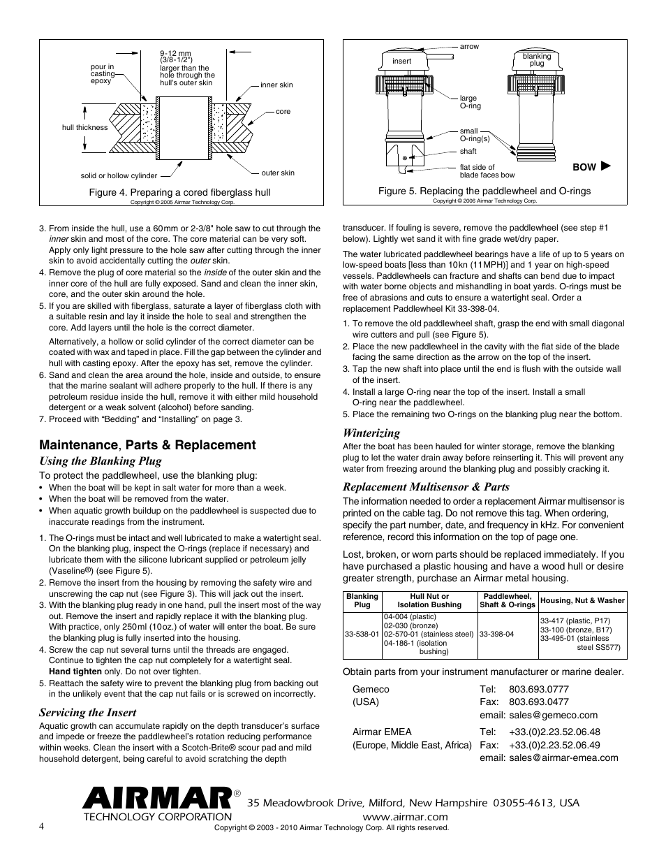 Airmar, Maintenance , parts & replacement, Using the blanking plug | Servicing the insert, Winterizing, Replacement multisensor & parts | Airmar DST800 Retractable without Valve—TRIDUCER® Multisensor User Manual | Page 4 / 4