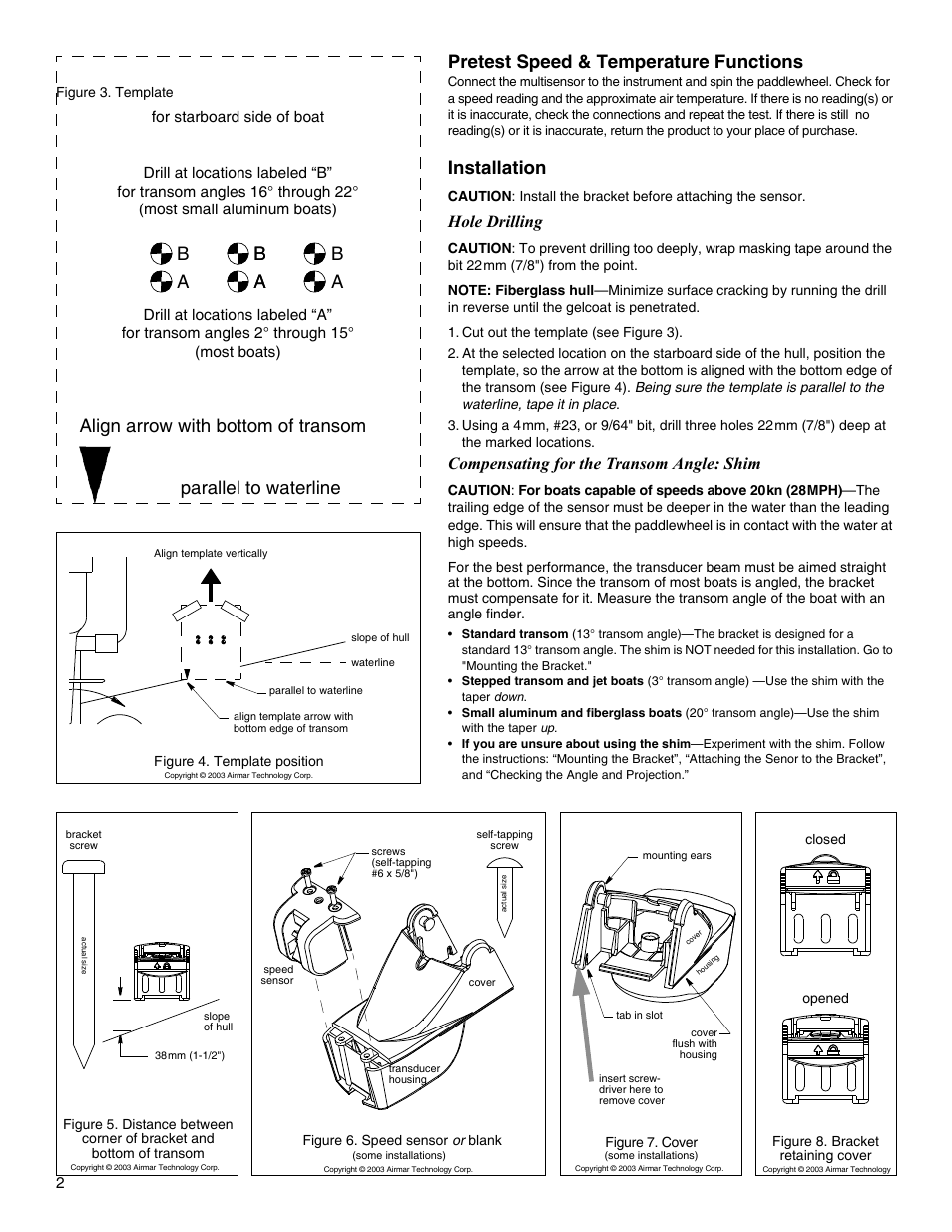 Pretest speed & temperature functions, Installation, Align arrow with bottom of transom | Parallel to waterline, Hole drilling, Compensating for the transom angle: shim | Airmar P66 User Manual | Page 2 / 4