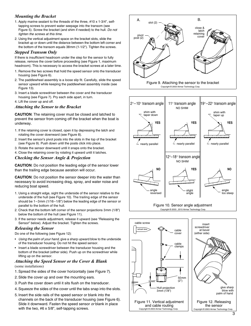 Mounting the bracket, Stepped transom only, Attaching the sensor to the bracket | Checking the sensor angle & projection, Releasing the sensor, Attaching the speed sensor or the cover & blank | Airmar P66 User Manual | Page 3 / 4