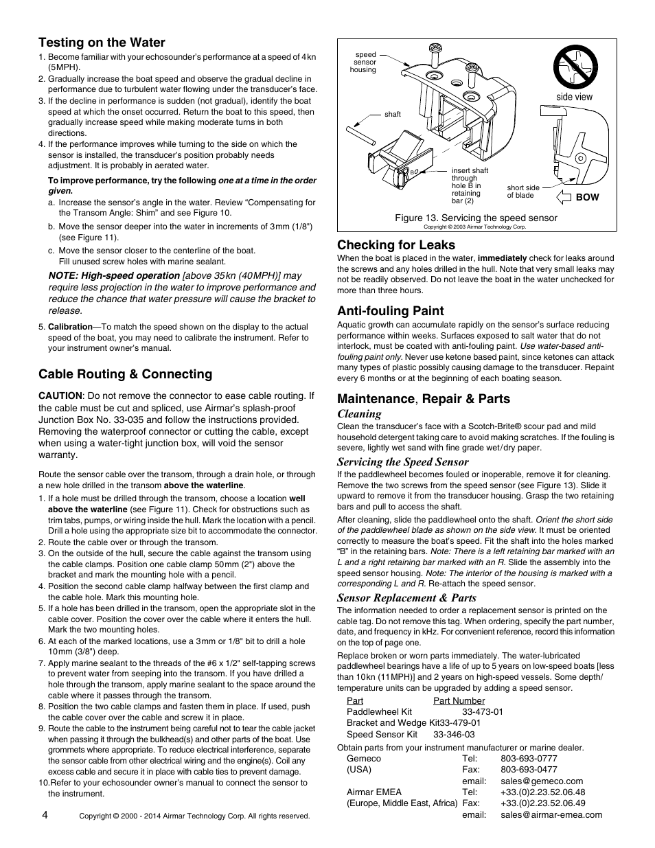 Testing on the water, Cable routing & connecting, Checking for leaks | Anti-fouling paint, Maintenance , repair & parts, Cleaning, Servicing the speed sensor, Sensor replacement & parts | Airmar P66 User Manual | Page 4 / 4