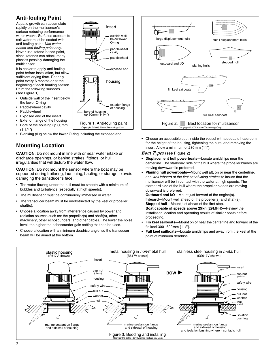 Anti-fouling paint, Mounting location, Boat types | Airmar DST800 Retractable with Valve—TRIDUCER® Multisensor User Manual | Page 2 / 4