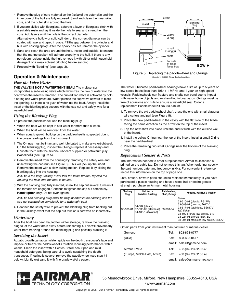 Operation & maintenance, How the valve works, Using the blanking plug | Winterizing, Servicing the insert, Replacement sensor & parts | Airmar DST800 Retractable with Valve—TRIDUCER® Multisensor User Manual | Page 4 / 4