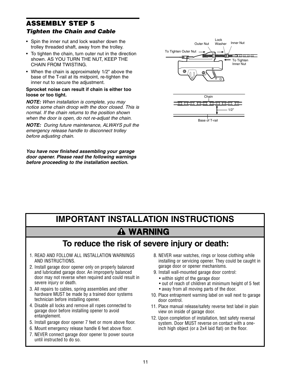 5)tighten chain & cable, Warnings, Important installation instructions | Assembly step 5 | Chamberlain 7220 1/2HP User Manual | Page 11 / 40