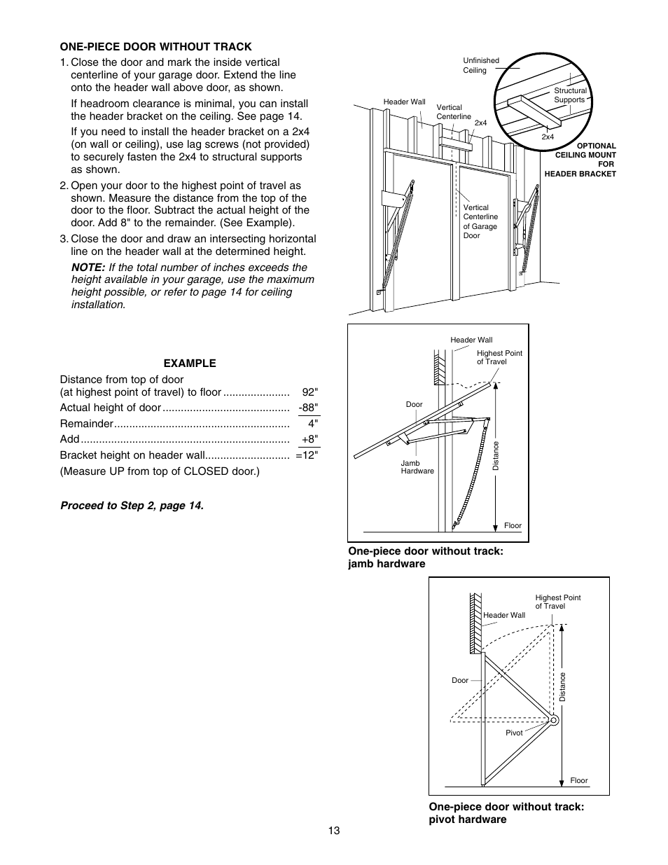 One-piece door w/o track | Chamberlain 7220 1/2HP User Manual | Page 13 / 40