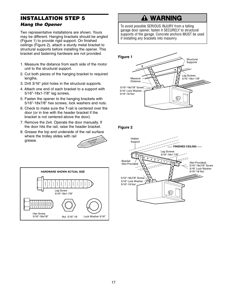 5)hang the opener, Installation step 5 | Chamberlain 7220 1/2HP User Manual | Page 17 / 40