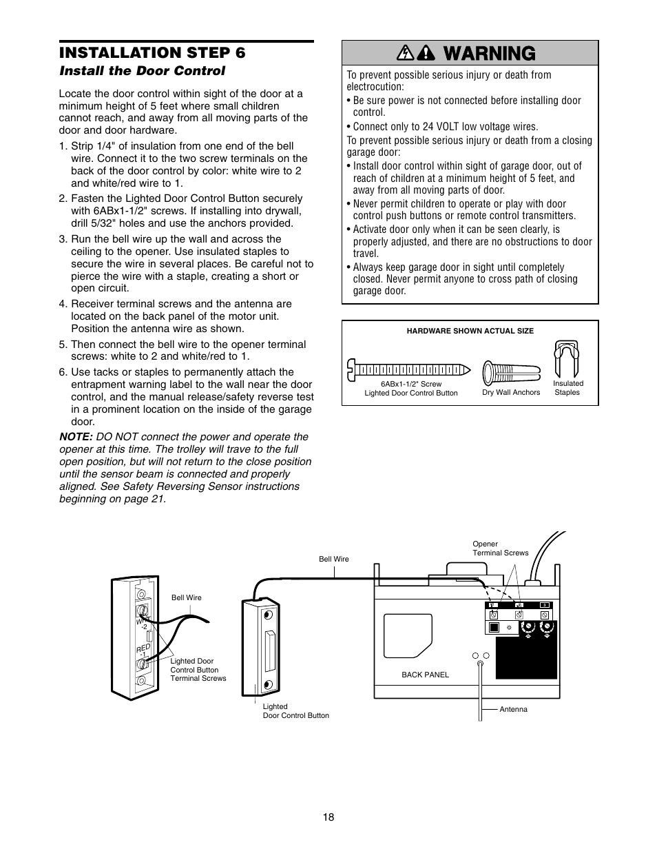 6)install door control, Installation step 6, Install the door control | Chamberlain 7220 1/2HP User Manual | Page 18 / 40