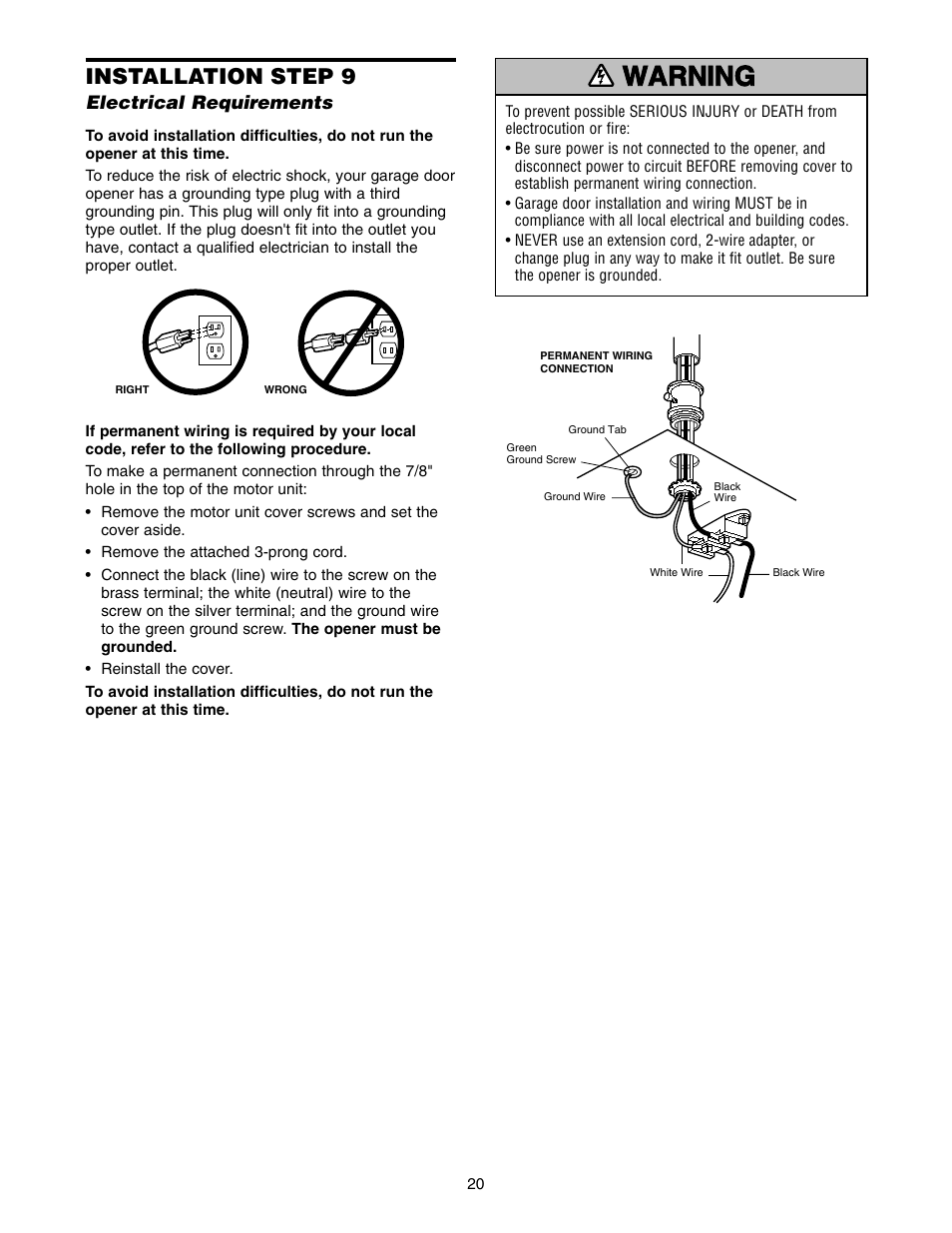 9)electrical requirements, Installation step 9 | Chamberlain 7220 1/2HP User Manual | Page 20 / 40