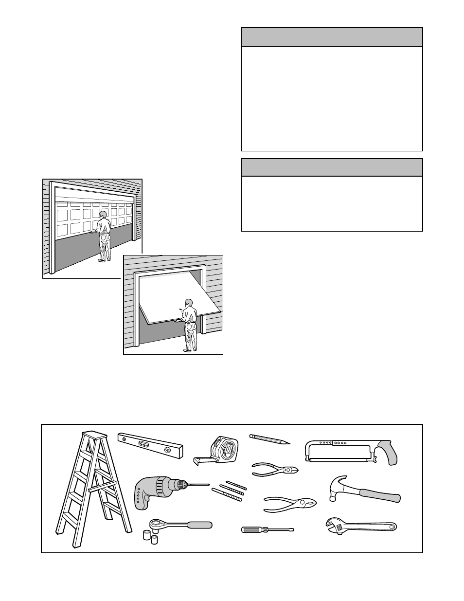 Tools needed, Warnings and precautions, Caution | Preparing your garage door | Chamberlain 7220 1/2HP User Manual | Page 3 / 40