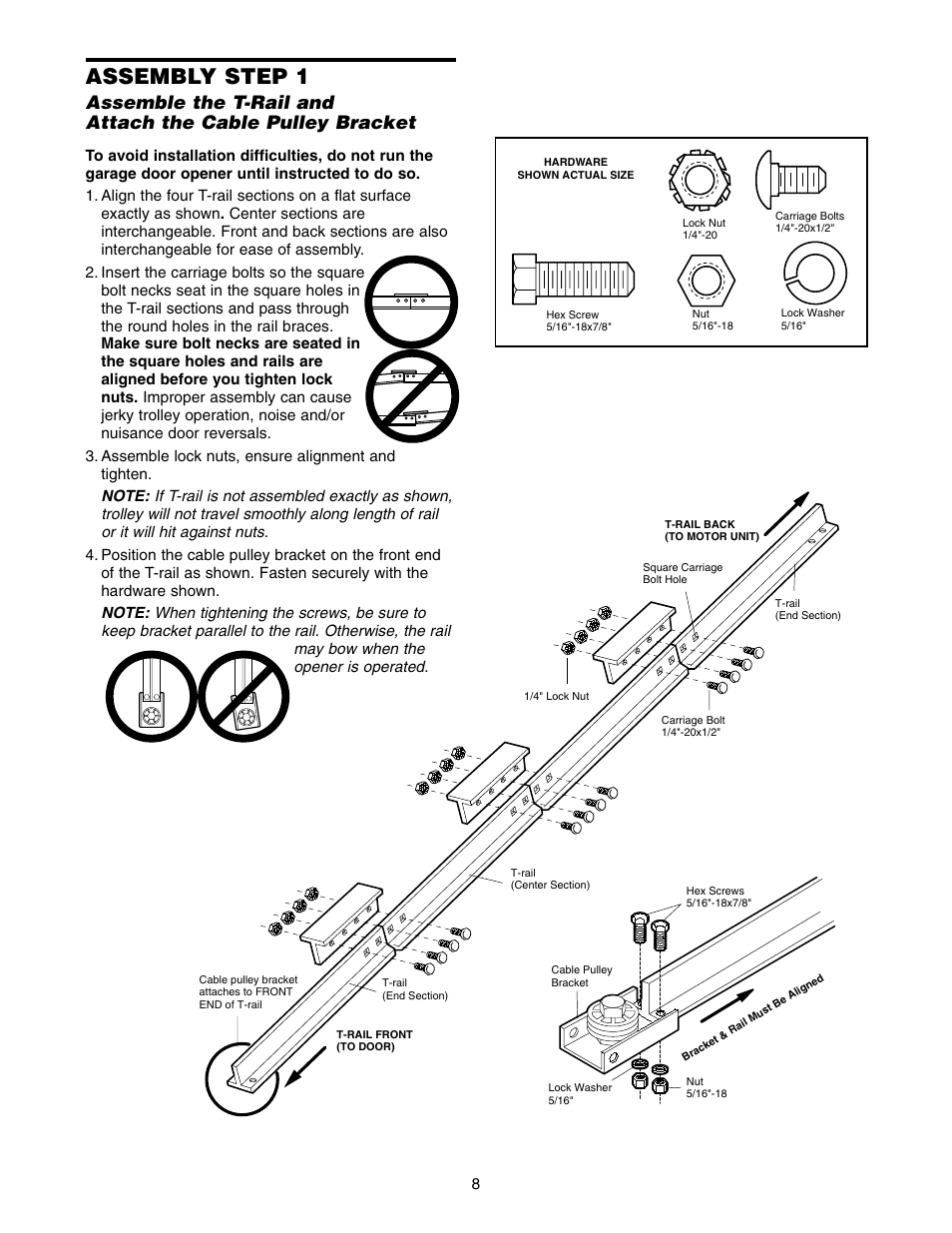 Assembly section, 1)t-rail & cable pulley bracket, Assembly step 1 | Chamberlain 7220 1/2HP User Manual | Page 8 / 40