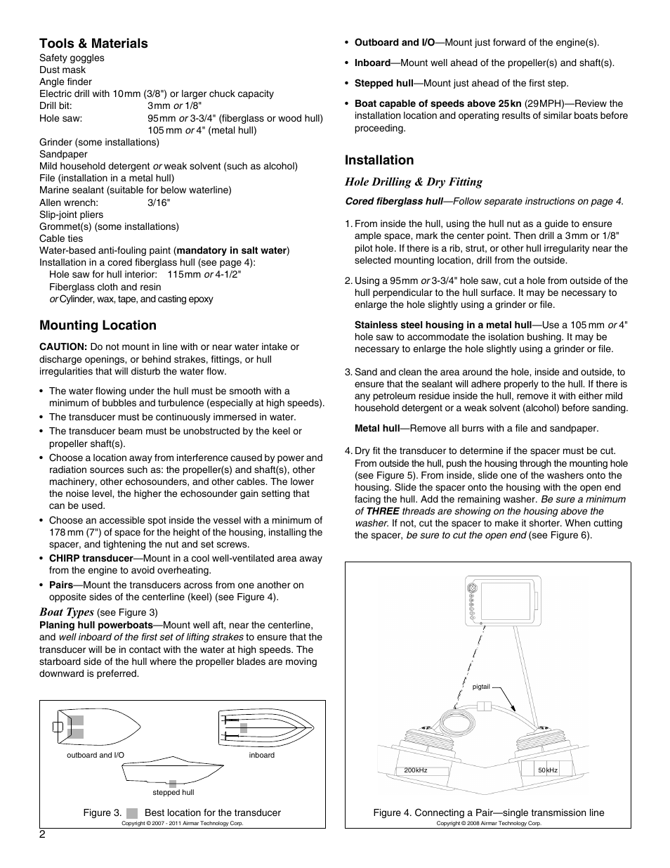 Tools & materials, Mounting location, Installation | Airmar 1 kW Tilted Element™—B164: 0°/12°/20° User Manual | Page 2 / 4