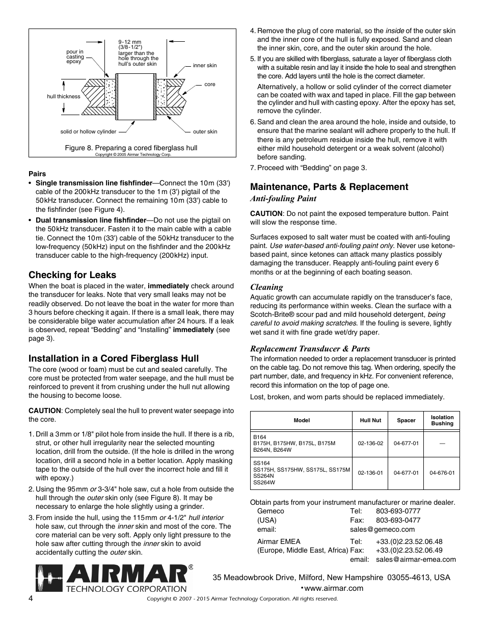 Checking for leaks, Installation in a cored fiberglass hull, Maintenance, parts & replacement | Anti-fouling paint, Cleaning, Replacement transducer & parts | Airmar 1 kW Tilted Element™—B164: 0°/12°/20° User Manual | Page 4 / 4
