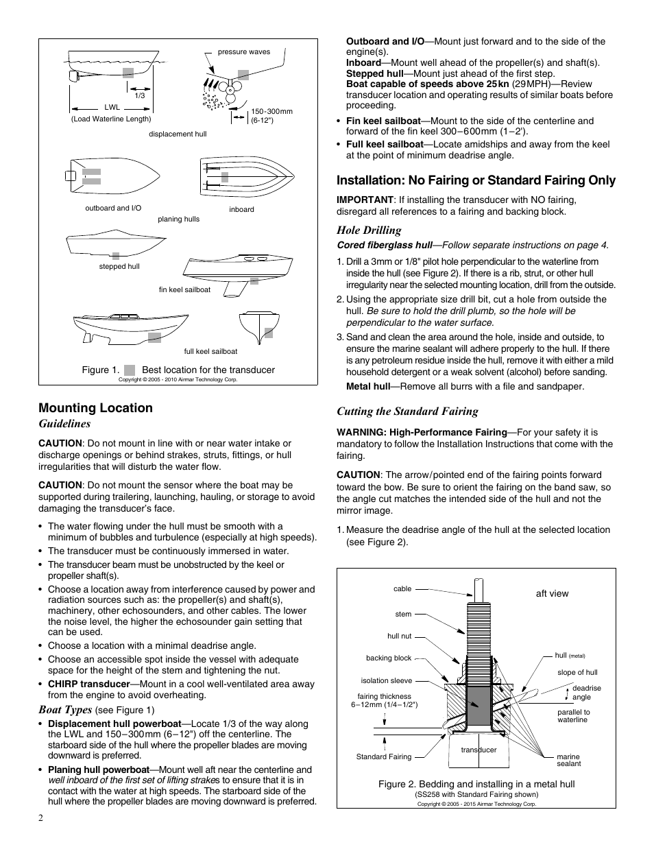 Mounting location, Installation: no fairing or standard fairing only, Guidelines | Boat types, Hole drilling, Cutting the standard fairing | Airmar B45 User Manual | Page 2 / 4