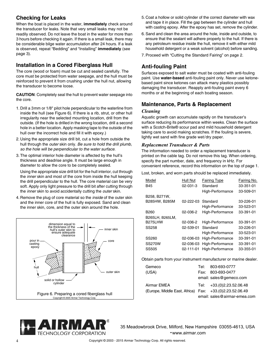 Checking for leaks, Installation in a cored fiberglass hull, Anti-fouling paint | Maintenance, parts & replacement, Cleaning, Replacement transducer & parts | Airmar B45 User Manual | Page 4 / 4