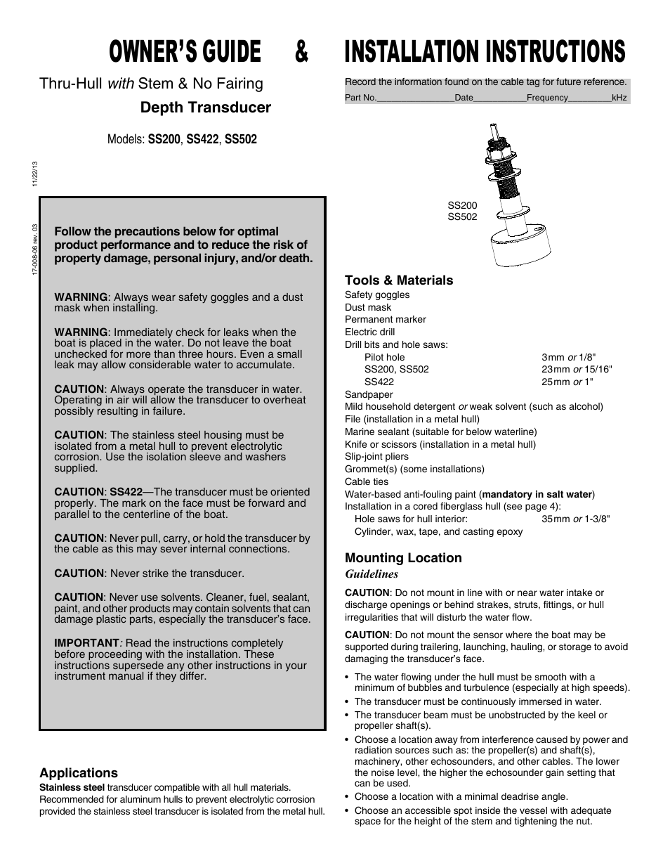 Airmar SS200—No Fairing User Manual | 4 pages