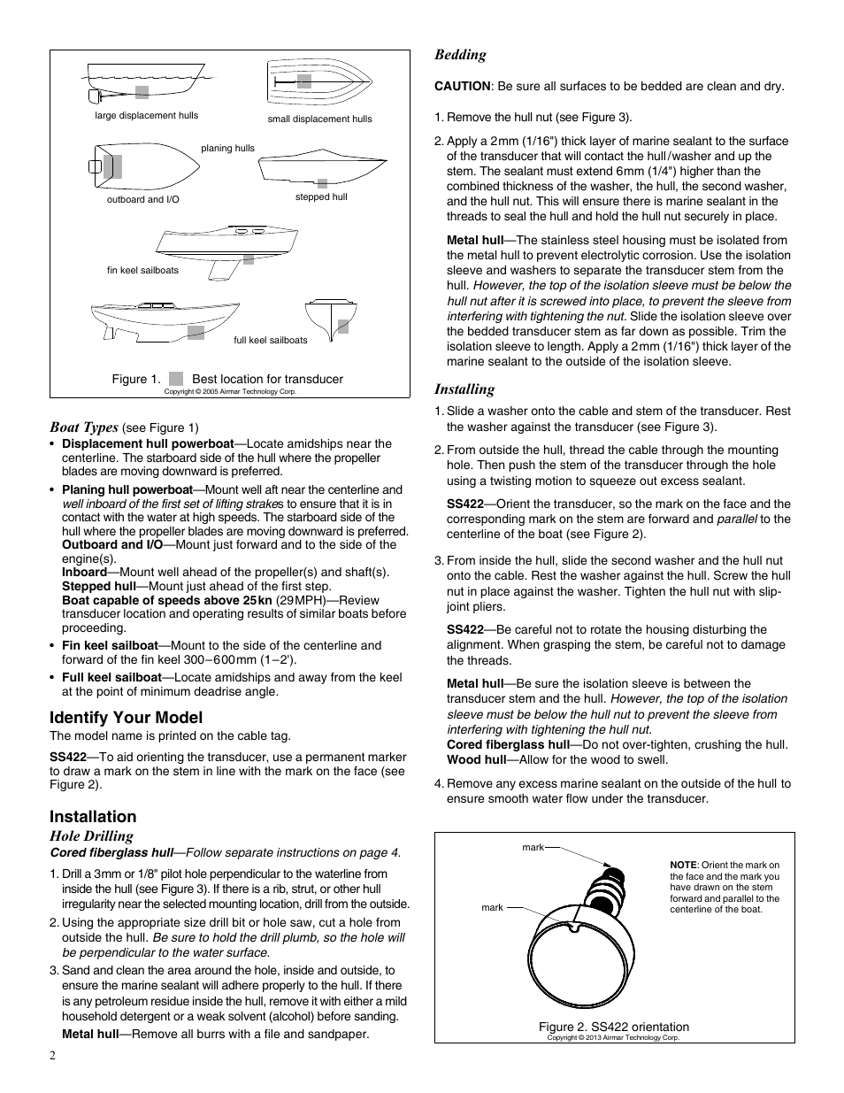 Identify your model, Installation, Boat types | Hole drilling, Bedding, Installing | Airmar SS200—No Fairing User Manual | Page 2 / 4
