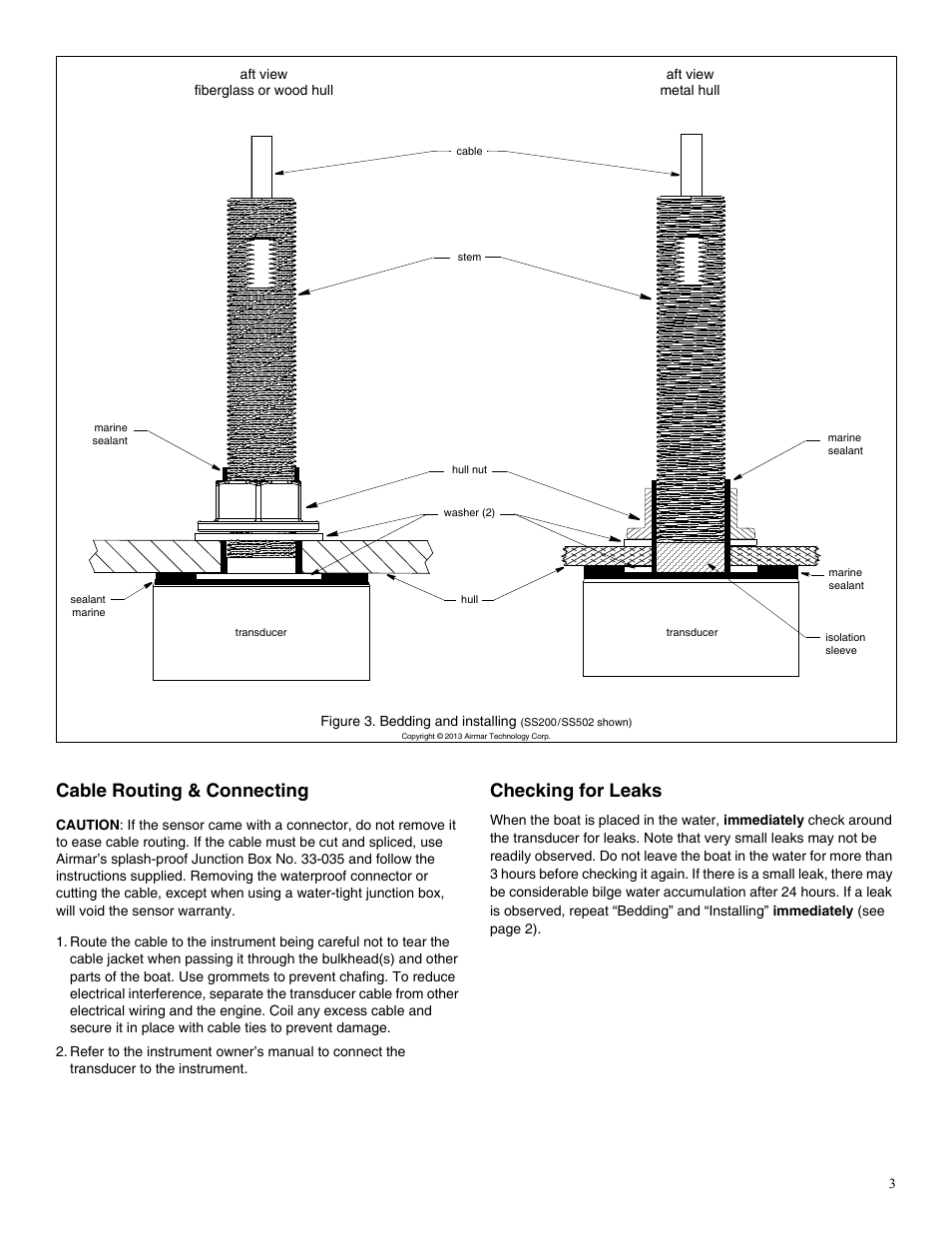 Cable routing & connecting, Checking for leaks | Airmar SS200—No Fairing User Manual | Page 3 / 4