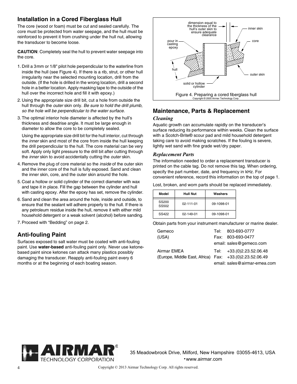 Installation in a cored fiberglass hull, Anti-fouling paint, Maintenance, parts & replacement | Cleaning, Replacement parts | Airmar SS200—No Fairing User Manual | Page 4 / 4