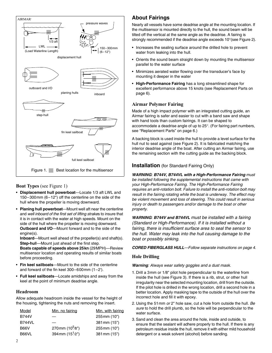 About fairings, Installation, Boat types (see figure 1) | Headroom, Airmar polymer fairing, Hole drilling | Airmar B66VL User Manual | Page 2 / 6