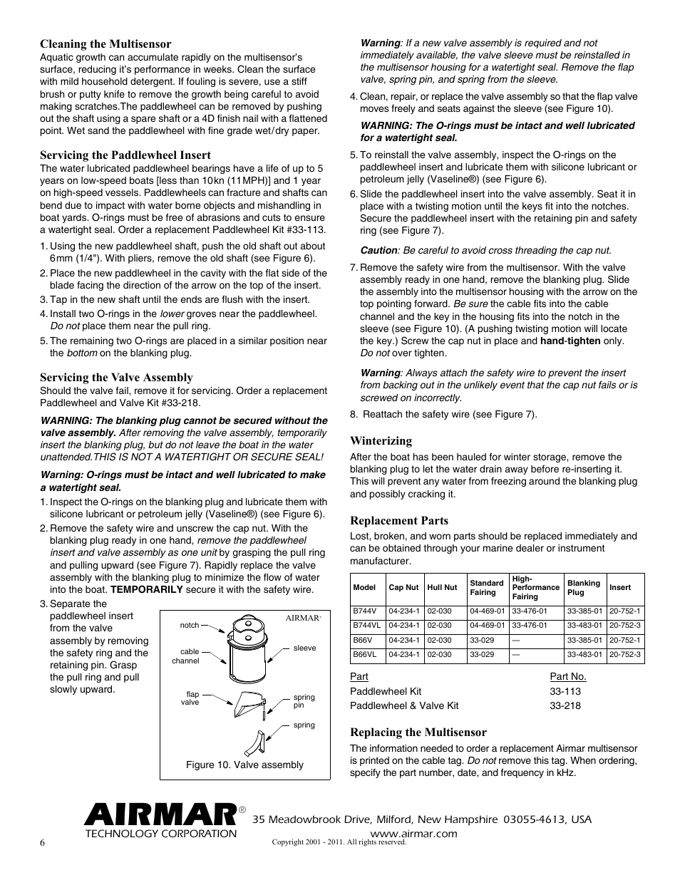 Airmar, Cleaning the multisensor, Servicing the paddlewheel insert | Servicing the valve assembly, Winterizing, Replacement parts, Replacing the multisensor | Airmar B66VL User Manual | Page 6 / 6