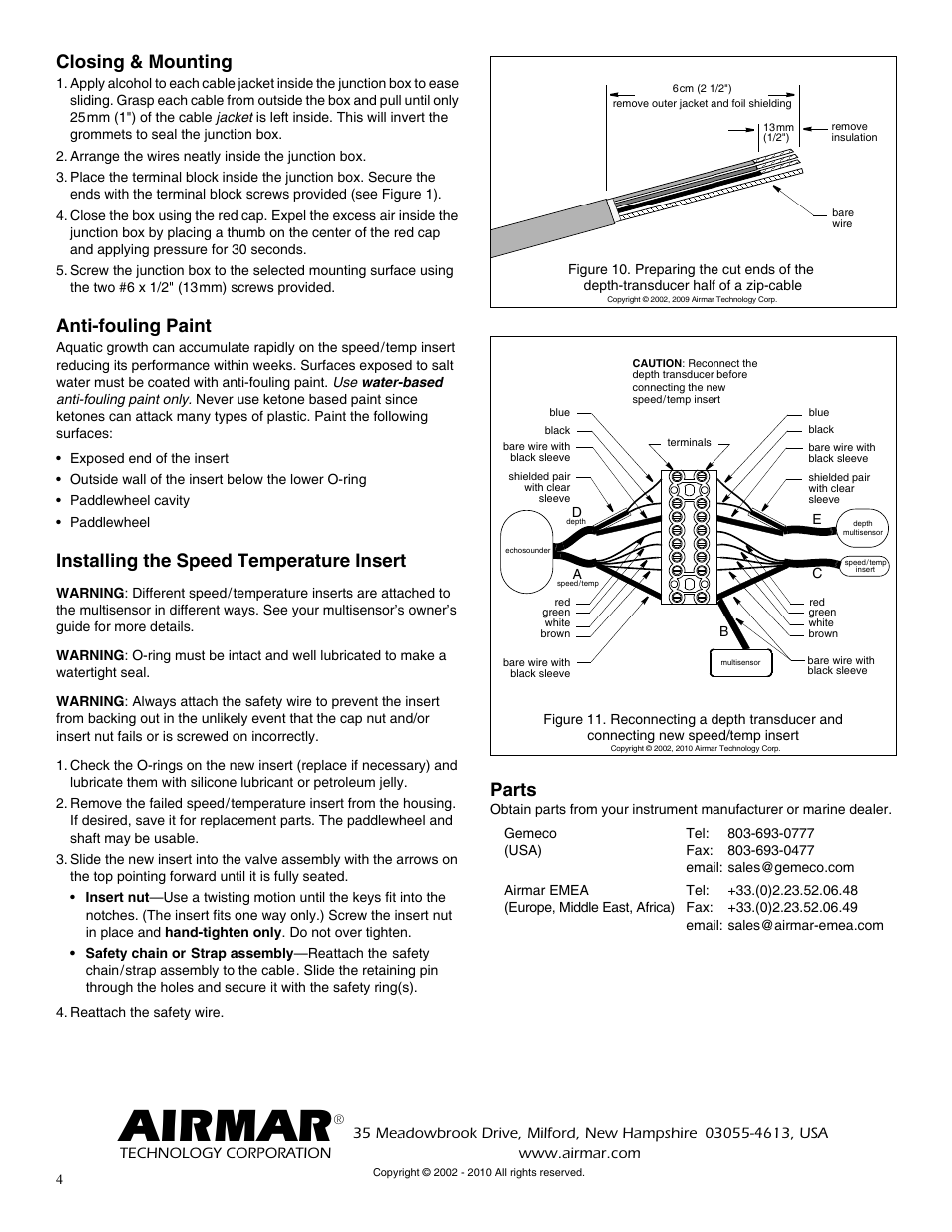 Airmar, Closing & mounting, Anti-fouling paint | Installing the speed temperature insert, Parts | Airmar B744V User Manual | Page 4 / 4