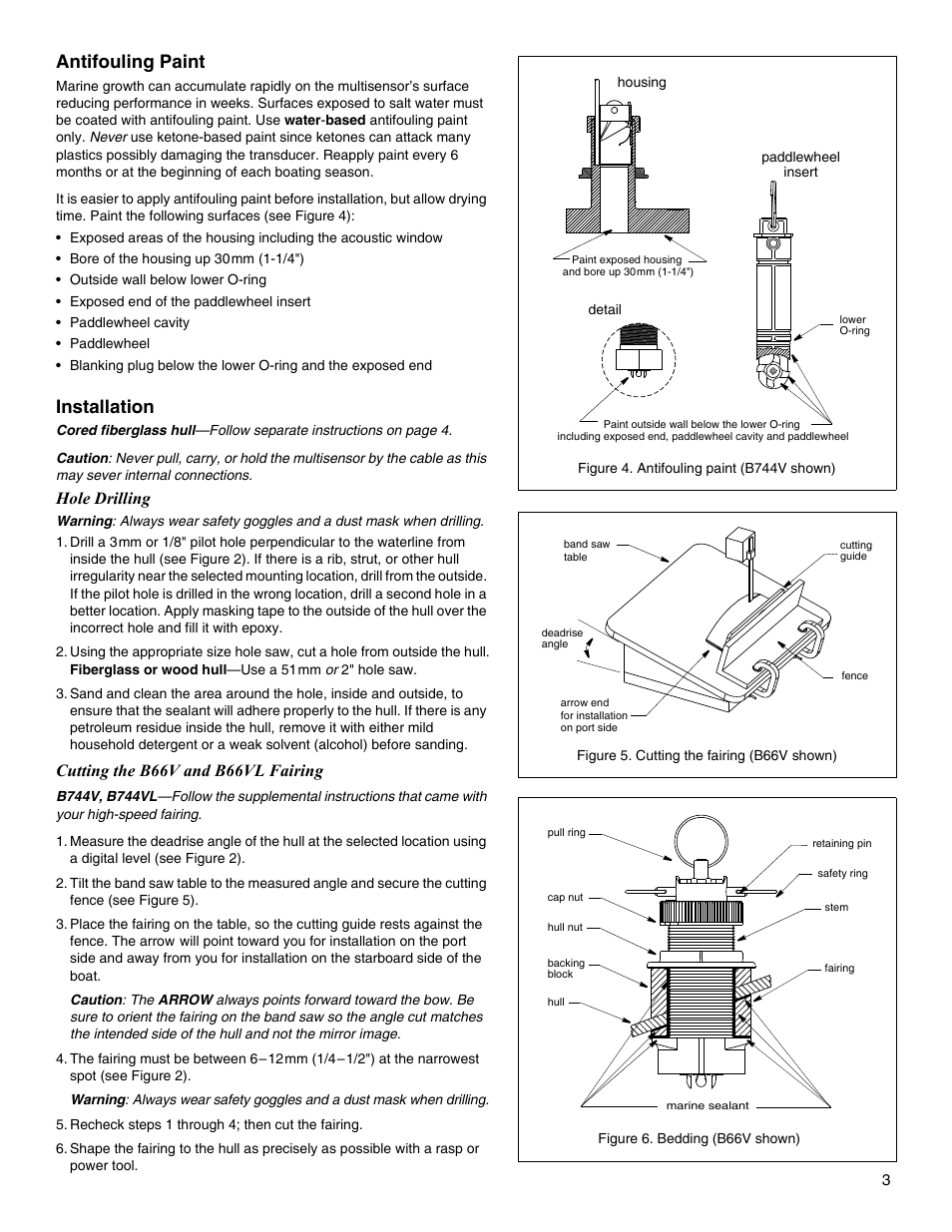 Antifouling paint, Installation, Hole drilling | Cutting the b66v and b66vl fairing | Airmar B744V User Manual | Page 3 / 6