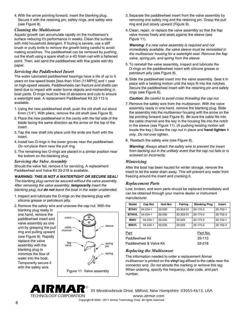 Airmar, Cleaning the multisensor, Servicing the paddlewheel insert | Servicing the valve assembly, Winterizing, Replacement parts, Replacing the multisensor | Airmar B744V User Manual | Page 6 / 6