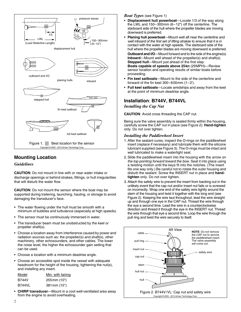 Mounting location, Guidelines, Boat types | Installing the cap nut, Installing the paddlewheel insert | Airmar B744V User Manual | Page 2 / 4