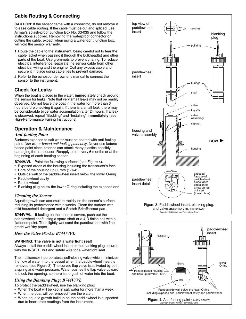 Cable routing & connecting, Check for leaks, Operation & maintenance | Anti-fouling paint, Cleaning the sensor, How the valve works: b744v/vl, Using the blanking plug: b744v/vl | Airmar B744V User Manual | Page 3 / 4