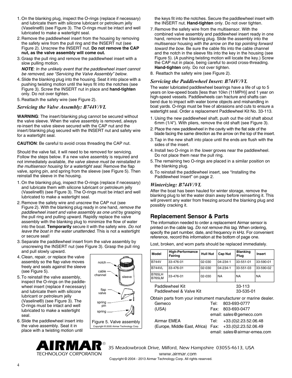 Airmar, Replacement sensor & parts, Servicing the valve assembly: b744v/vl | Servicing the paddlewheel insert: b744v/vl, Winterizing: b744v/vl | Airmar B744V User Manual | Page 4 / 4