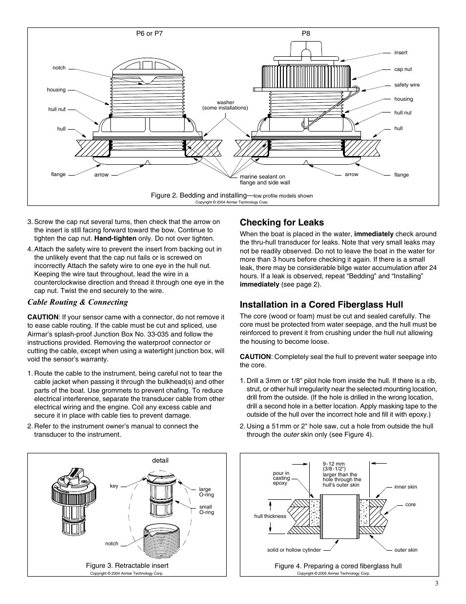 Checking for leaks, Installation in a cored fiberglass hull, Cable routing & connecting | Airmar Shorty™ Transducers—P6 User Manual | Page 3 / 4