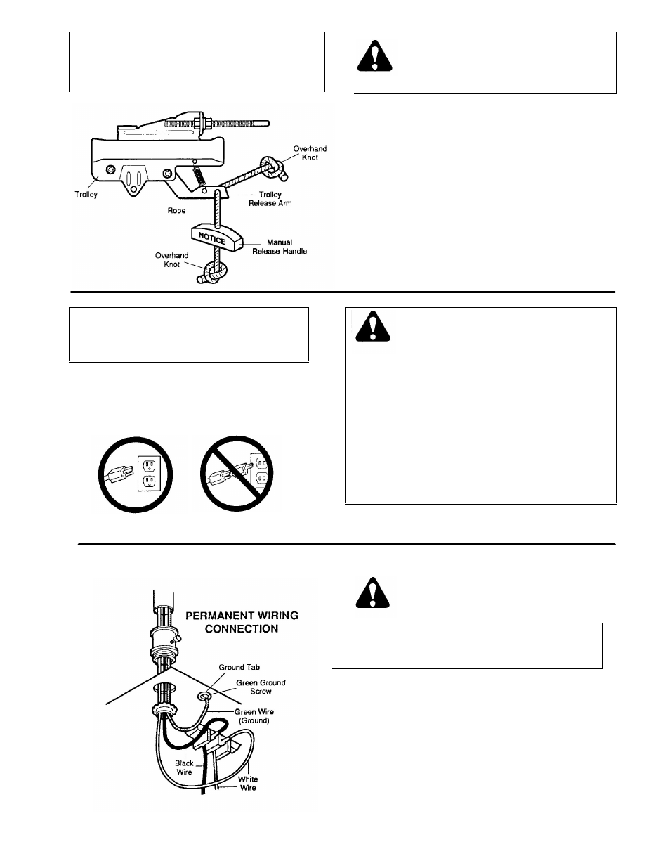 6) attach manual release rope & handle, 7) connect electric power, Installation step 6 | Installation step 7, Attach manual release rope & handle, Connect electric power | Chamberlain 1145-1/3HP User Manual | Page 16 / 28