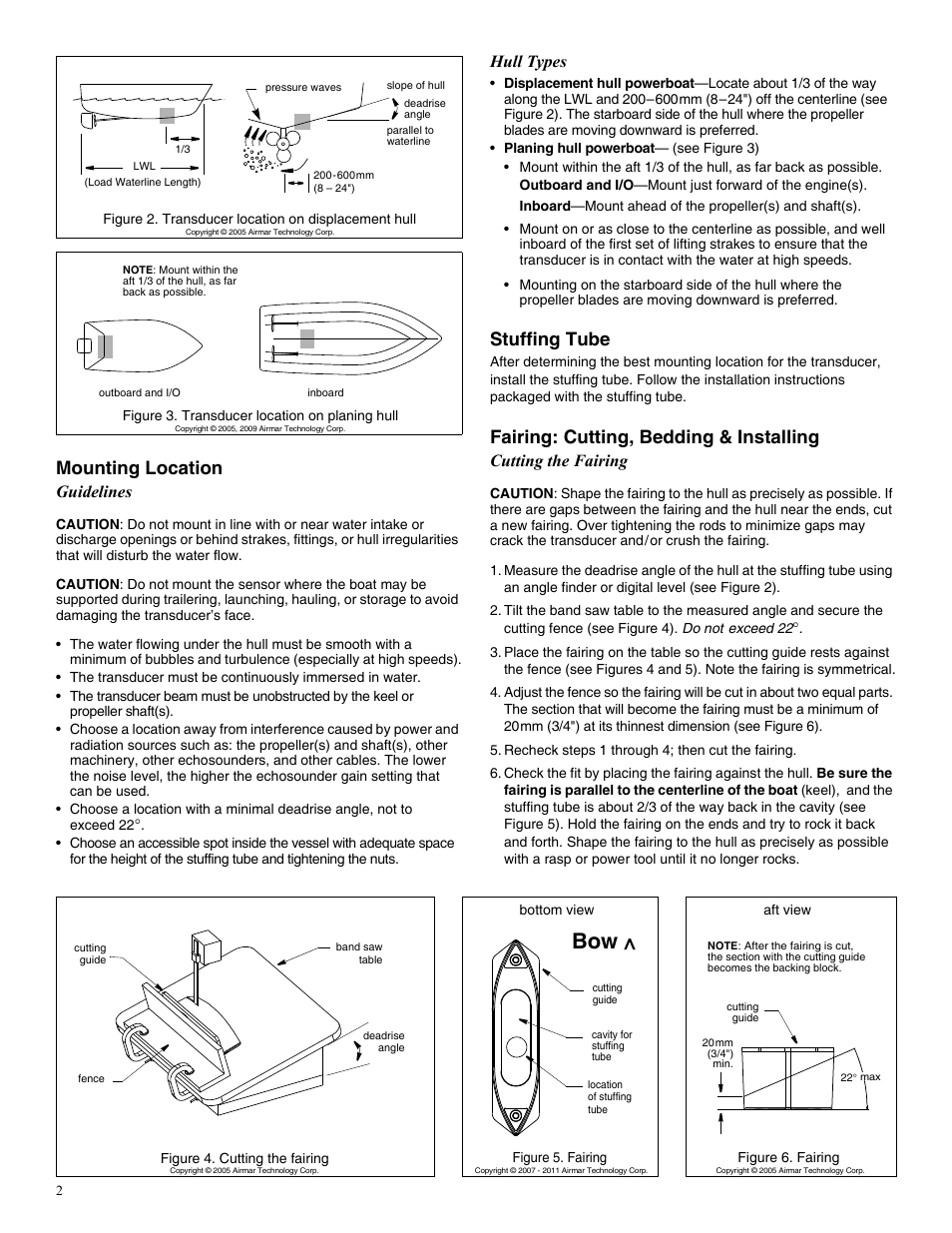 Mounting location, Stuffing tube, Fairing: cutting, bedding & installing | Guidelines, Hull types, Cutting the fairing | Airmar 2-3 kW—R99 User Manual | Page 2 / 4