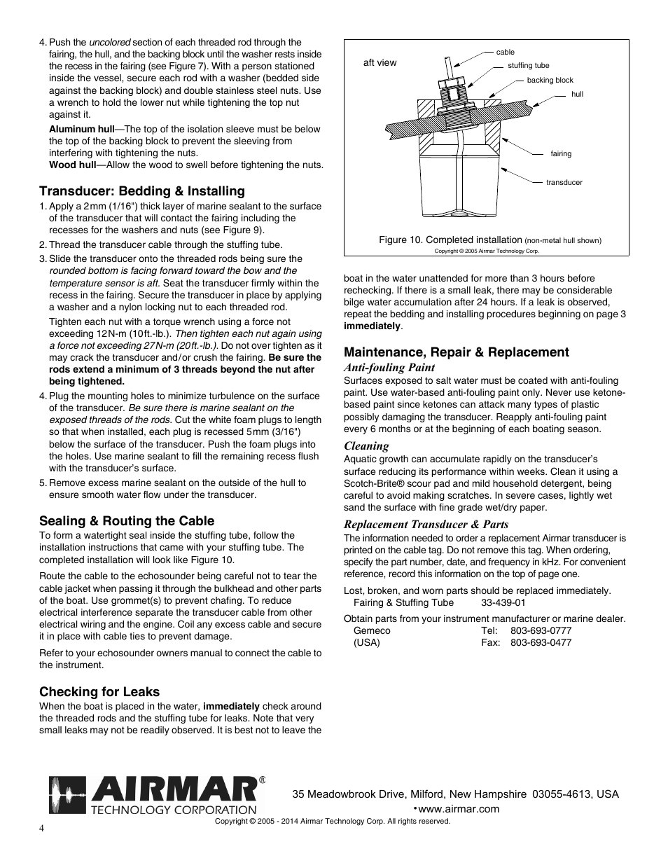 Transducer: bedding & installing, Sealing & routing the cable, Checking for leaks | Maintenance, repair & replacement | Airmar 2-3 kW—R99 User Manual | Page 4 / 4