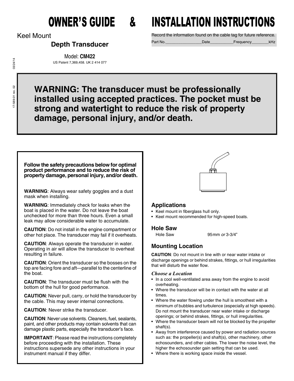 Airmar CM422—Welded-Tank Mount User Manual | 2 pages